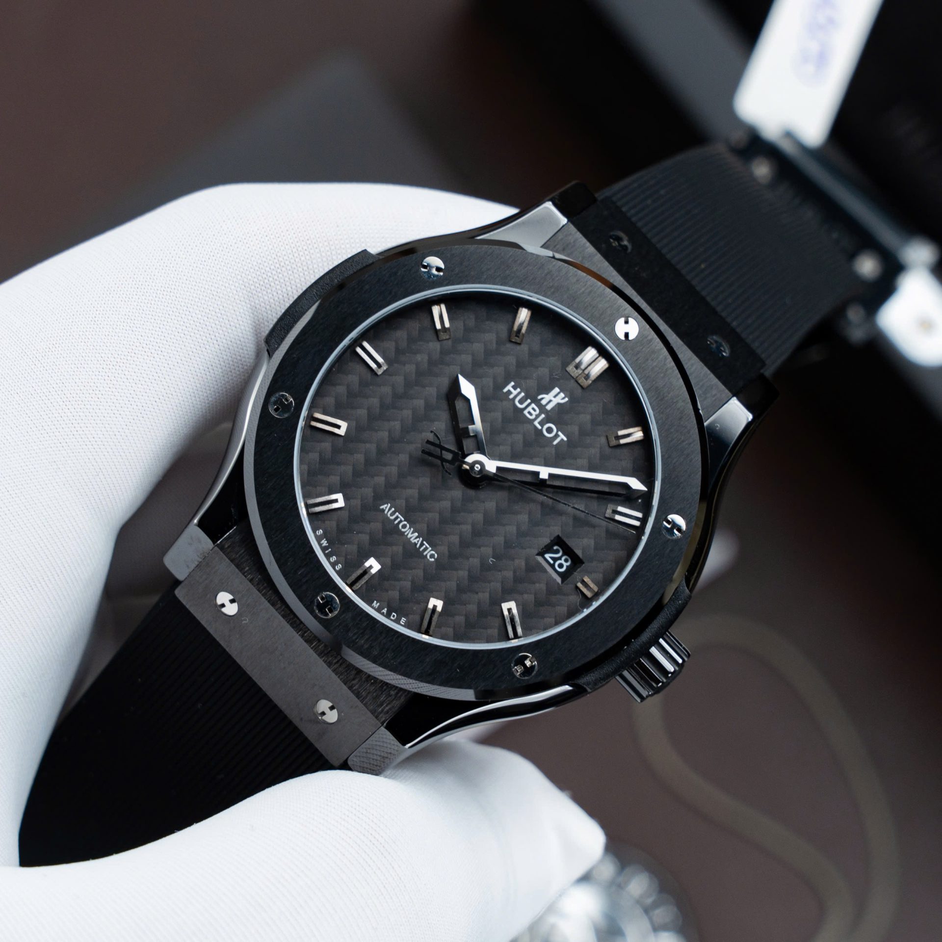Hublot Classic Fusion Ceramic Replica Watch Carbon Dial Rubber Strap 42mm - Elite Watch Atelier