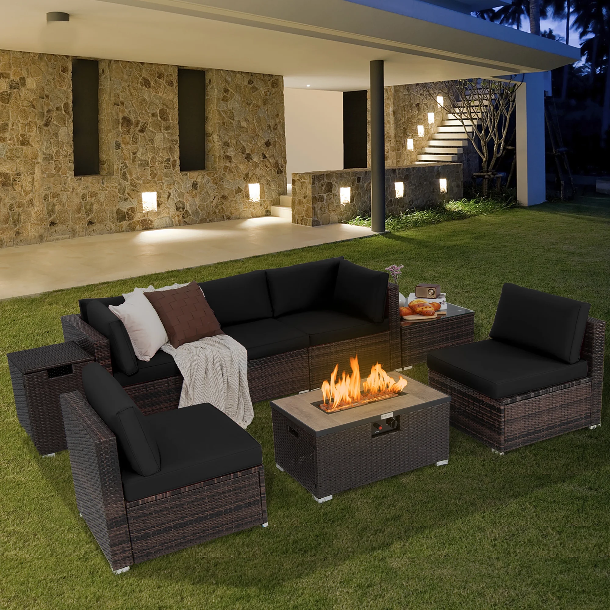 Costway 8PCS Patio Rattan Furniture Set Fire Pit Table Tank Holder Cover Deck Black