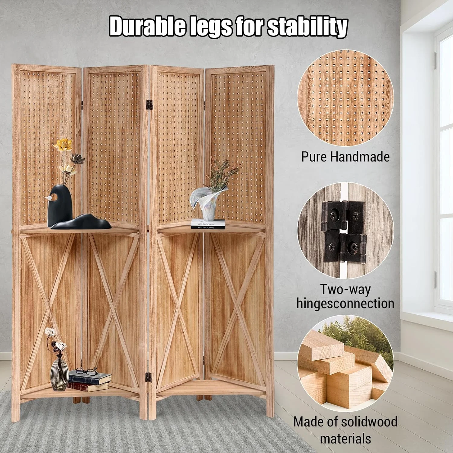 Wooden Room Divider Wall 4 Panel with Holes,5.6FT Tall Room Divider with Shelves,Folding Privacy Screens 67 in for Room Separation Home Office Bedroom