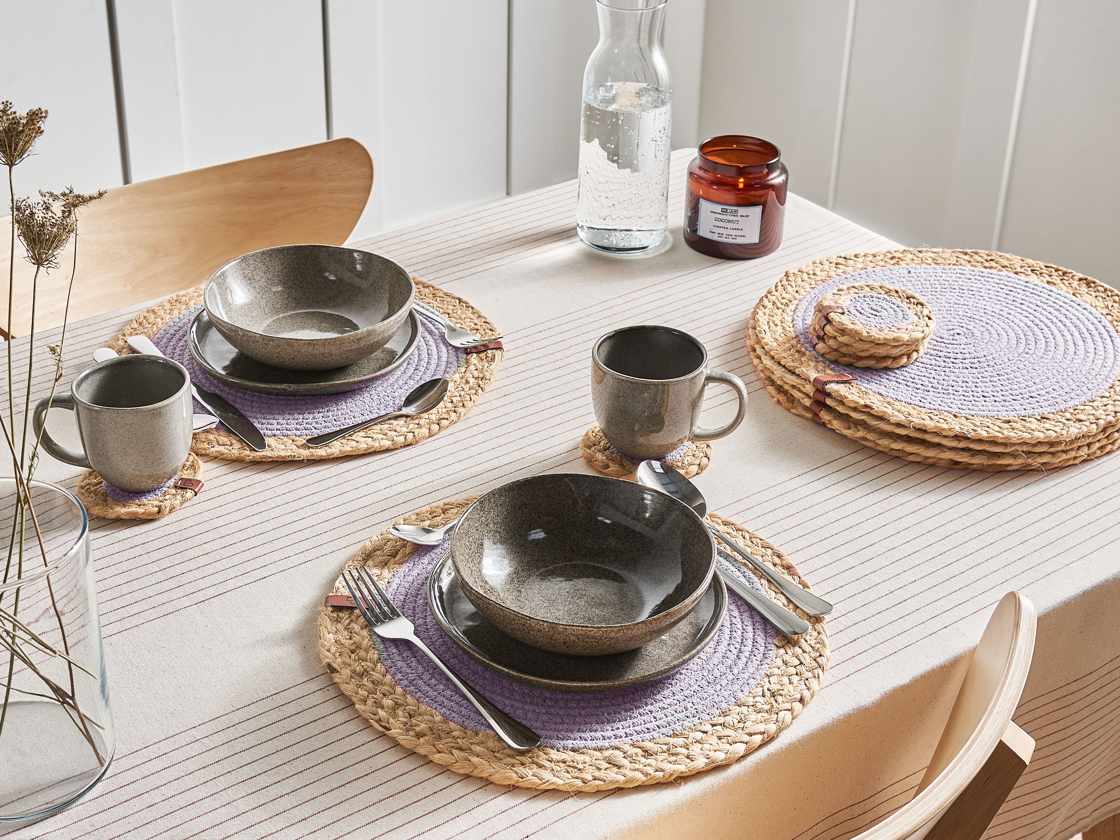 12 Piece Placemats and Coasters Set ROSELLA Grey Jute Cotton