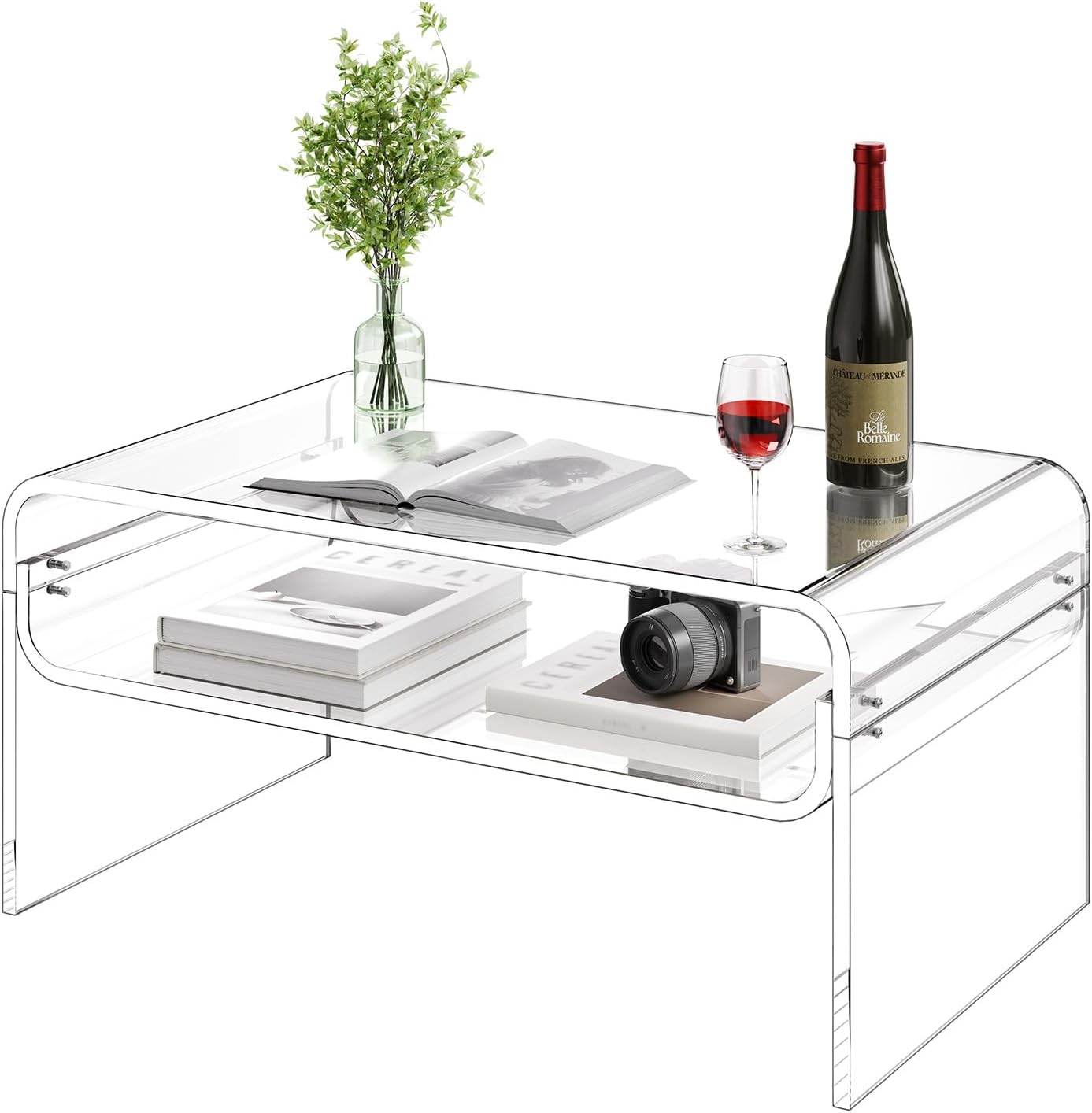VEVOR Acrylic Coffee Table, Modern Waterfall Center Table with Open Storage Shelf, Clear Rectangle Lucite Desk for Living Room, Office Reception, 31.5