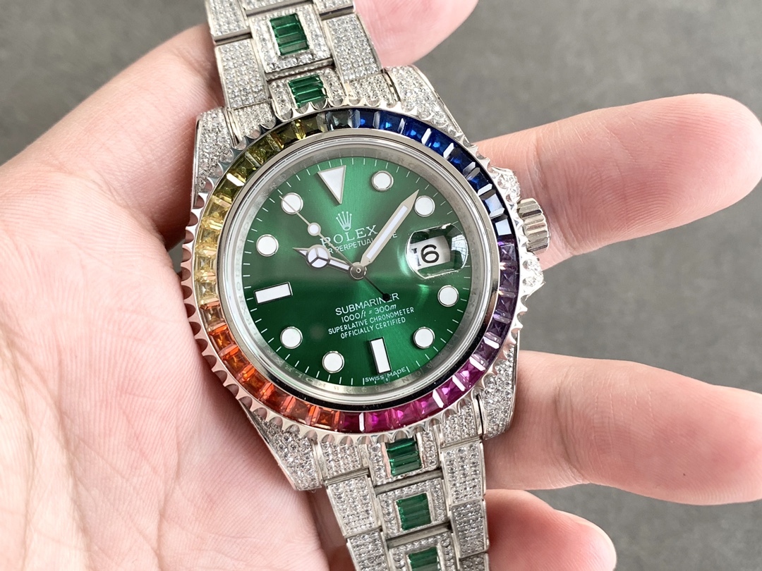 Rolex Submariner Special Edition with diamonds - Green iridescent diamonds - All diamonds - 40 mm(1:1 replica) - Elite Watch Atelier