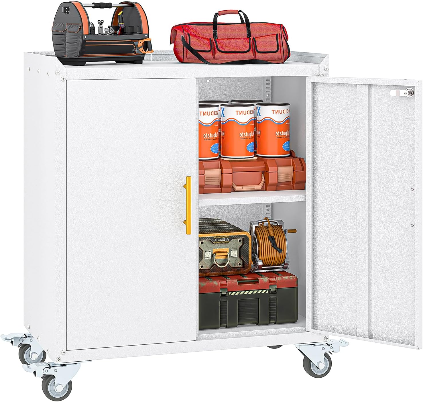Metal Garage Storage Cabinet with Wheels, Tall Locking Cabinet with Doors and Shelves, Tool Storage Cabinets for Garage, Home Office (White,35.6