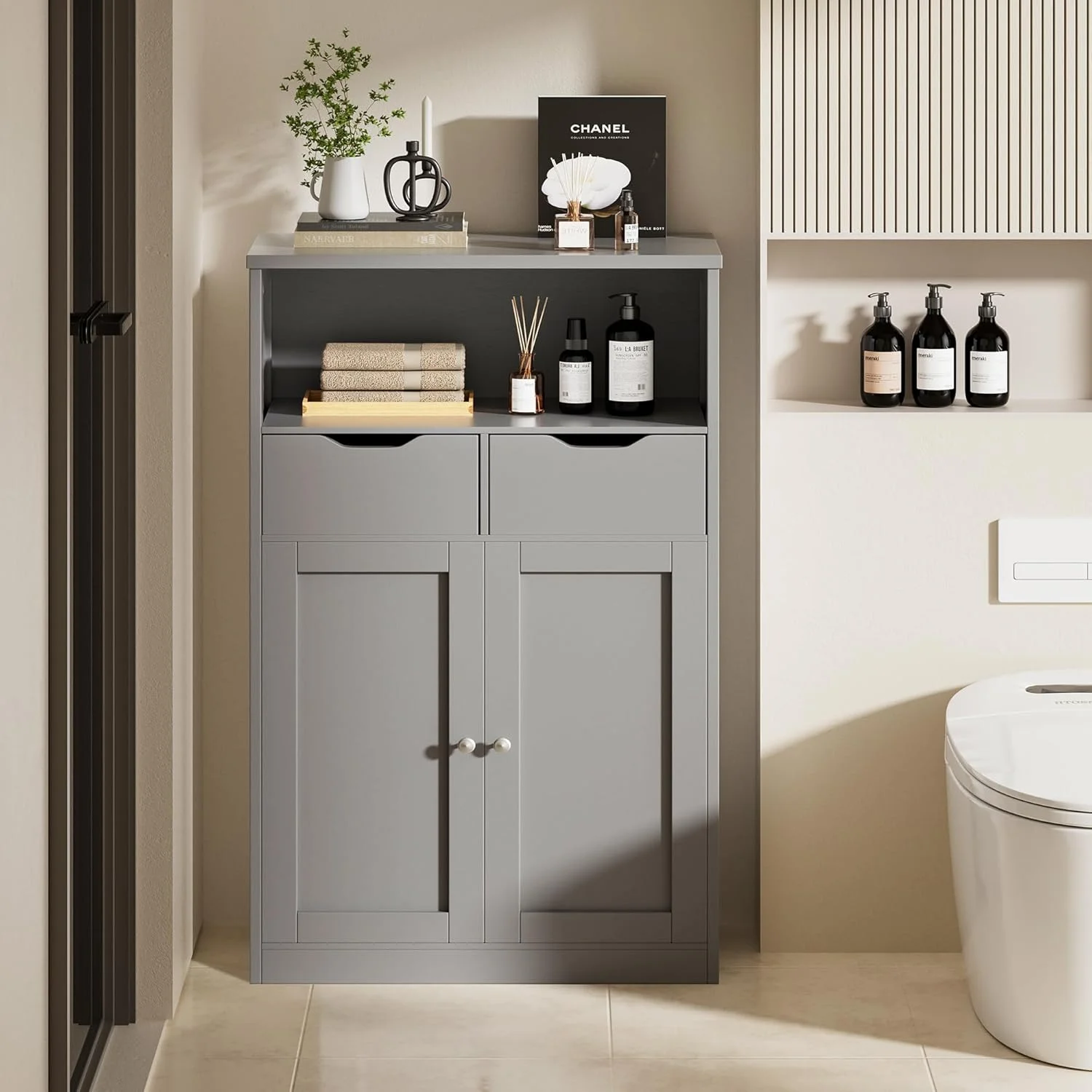 Vongrasig Farmhouse Freestanding Pantry Cabinet with 2 Drawers and Shelves, Wooden Storage Organizer for Bathroom, Living Room, Grey