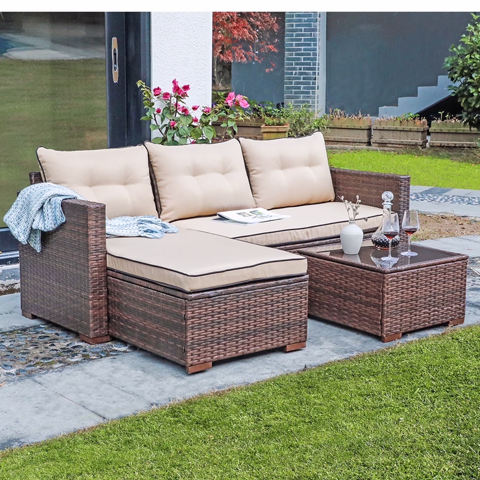 JOIVI 3 Pieces Patio Conversation Set, PE Wicker Rattan Outdoor Furniture Set, 2 Ways Small Sectional Sofa, Tempered Glass Coffee Table, Silver-Gray - Image 3