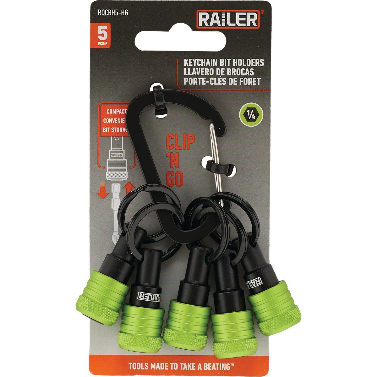 Railer Bit Holder Keychain with (5) Hi Vis Green Hex Shank Bit Holders