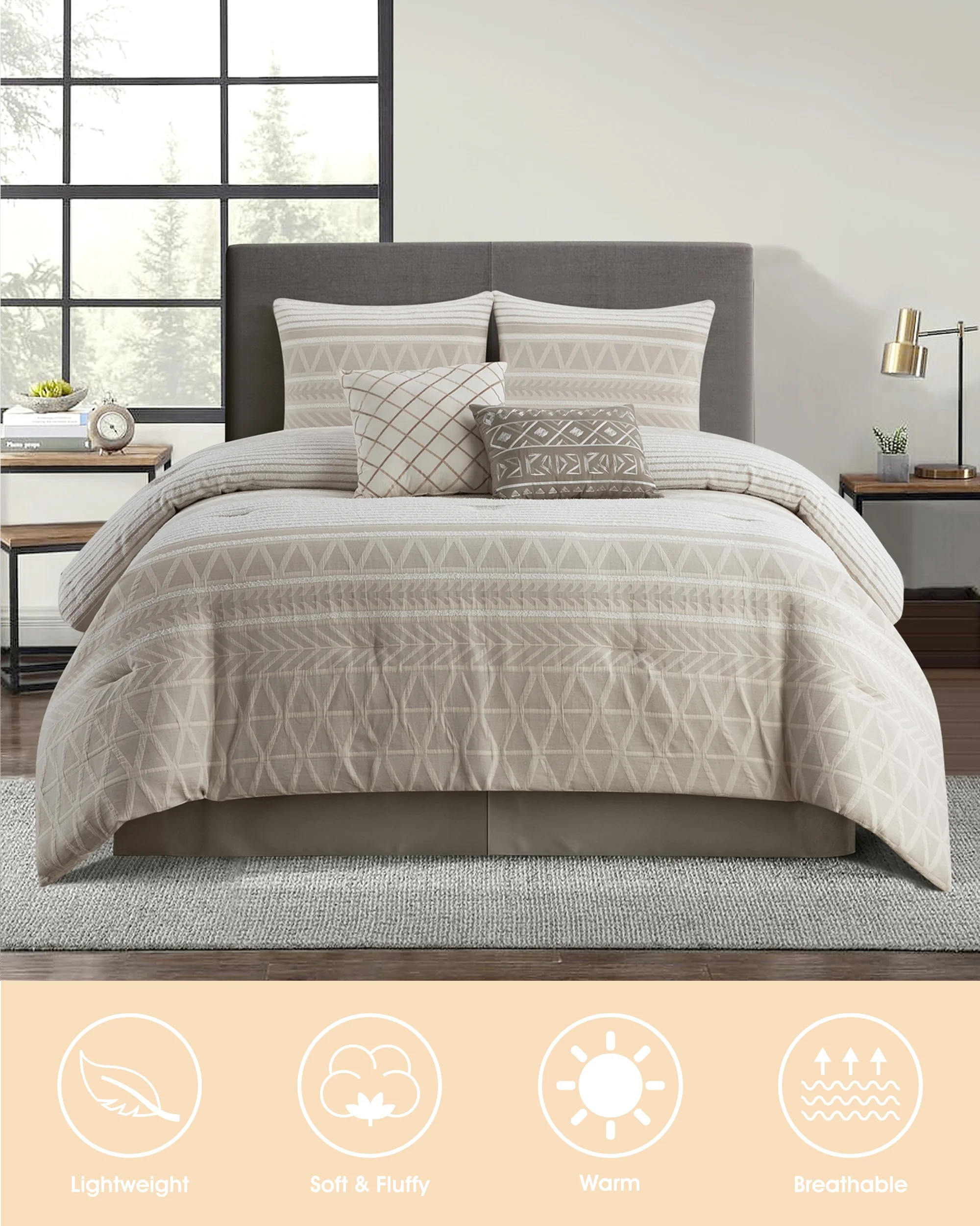 Lanco 100% Cotton Queen Size Comforter Set , 6 Piece , Beige Geometric Jacquard Bedding Set