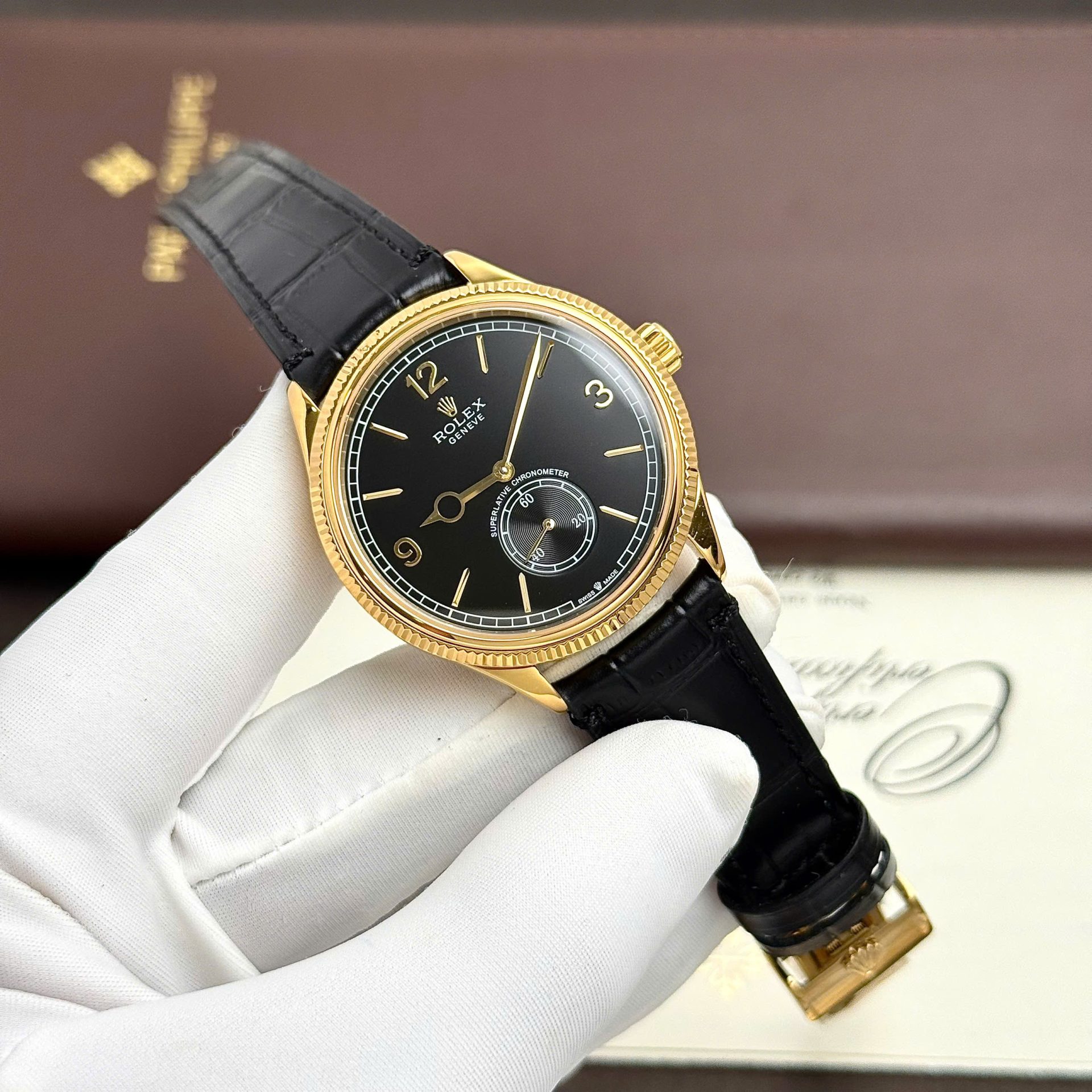 Rolex Perpetual 1908 Yellow Fake Watch Black Dial Leather Strap 39mm - Elite Watch Atelier