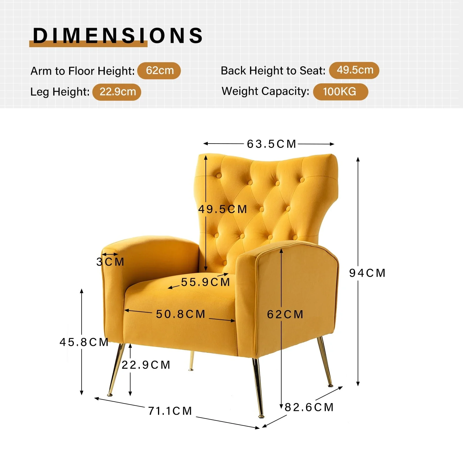 14 Karat Home Fall Home Decor Velvet Accent Chair Button Tufted Metal Legs Adult Living Room Mustard - Image 4