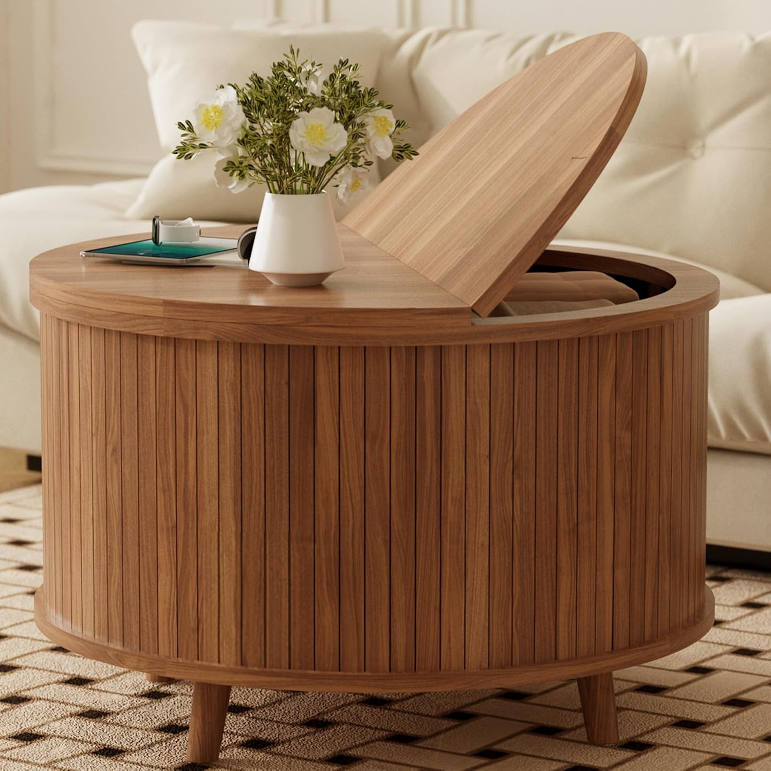 Easyego Fluted Round Coffee Table with Hidden Storage, 31.5