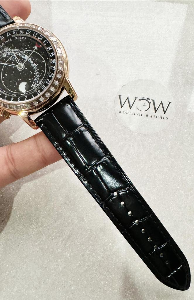 Replica PATEK PHILIPPE 6104P Moon RG Black Dial Diamond Bezel on Black Leather Strap A240 V2 - Top club