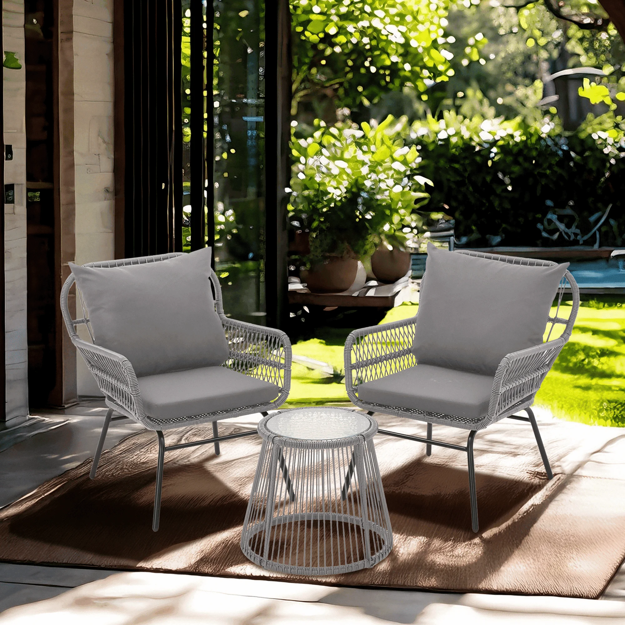 Bezseller 3-Piece Outdoor Wicker Furniture Set, Patio Conversation Set, Gray - Image 10