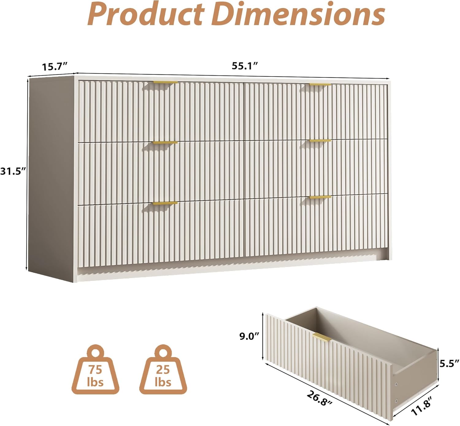 6 Drawer Dresser for Bedroom, 55