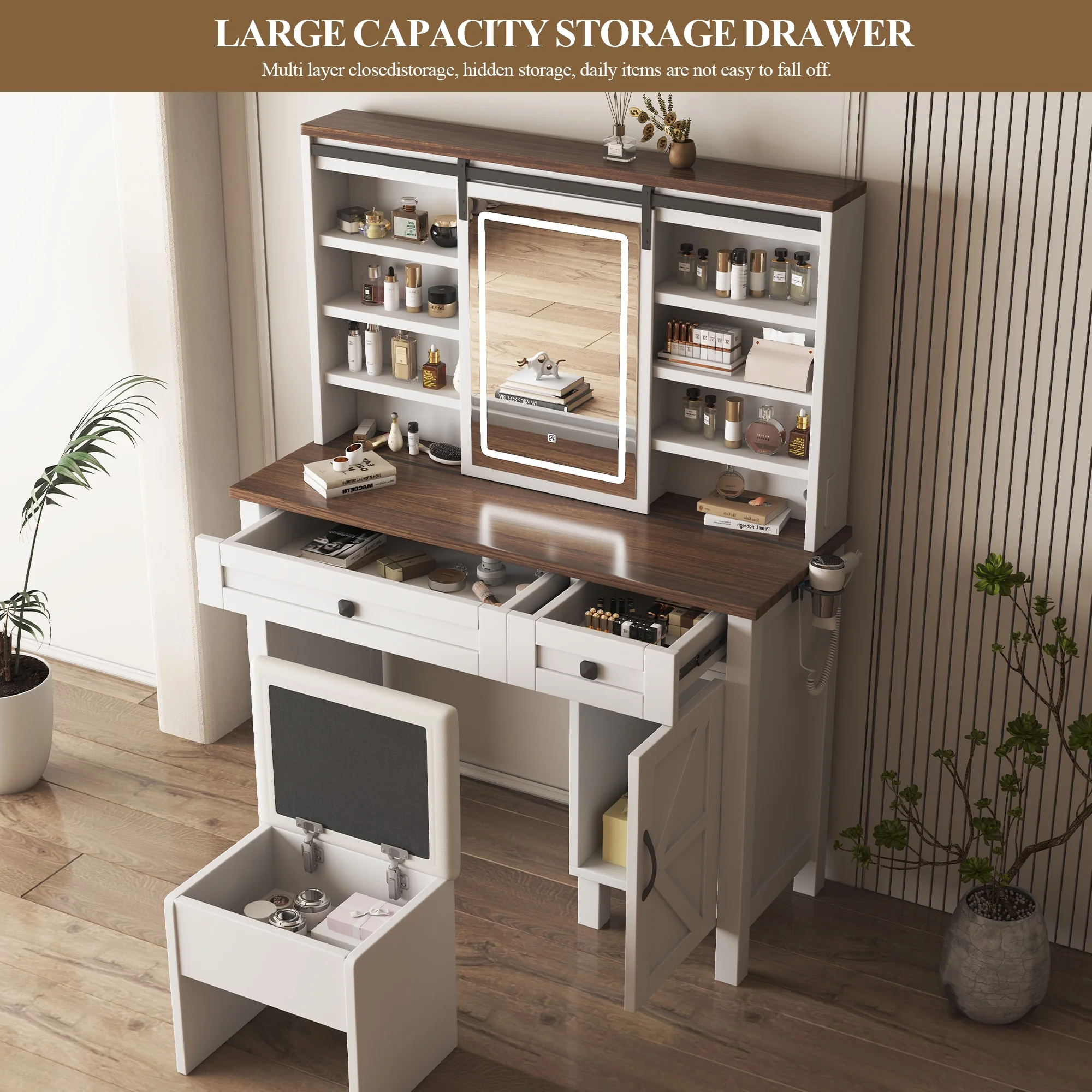 Montary Modern Mini Vanity w/Adjustable LED Mirror + Hidden Storage, Padded Stool & Dustproof Shelves (White) - Image 85