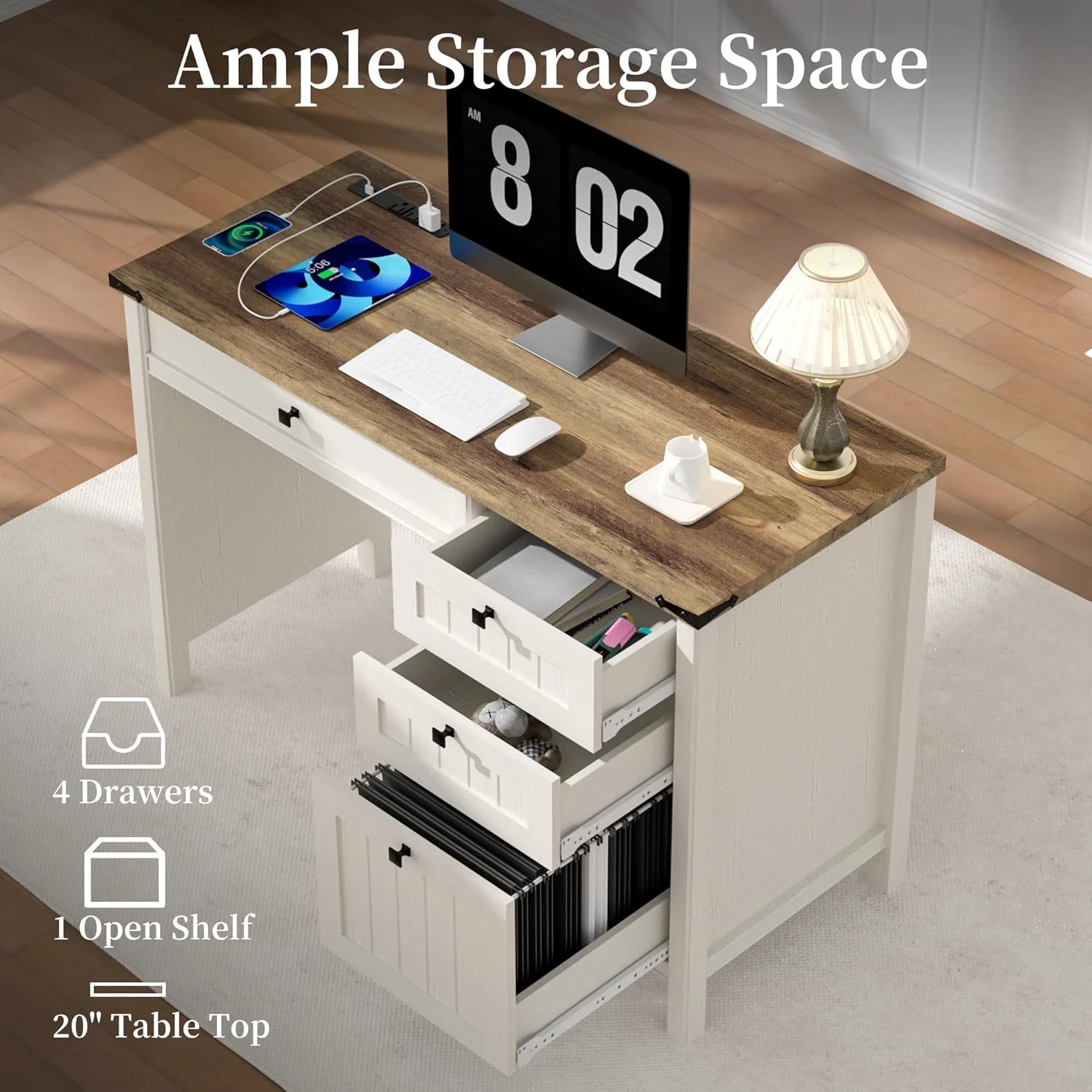FIAKOA 45"Executive Desk, Modern Farmhouse Computer Desk with Drawers & Cabinet, White Home Office Desk Writing Workspace for Work Study - Image 7