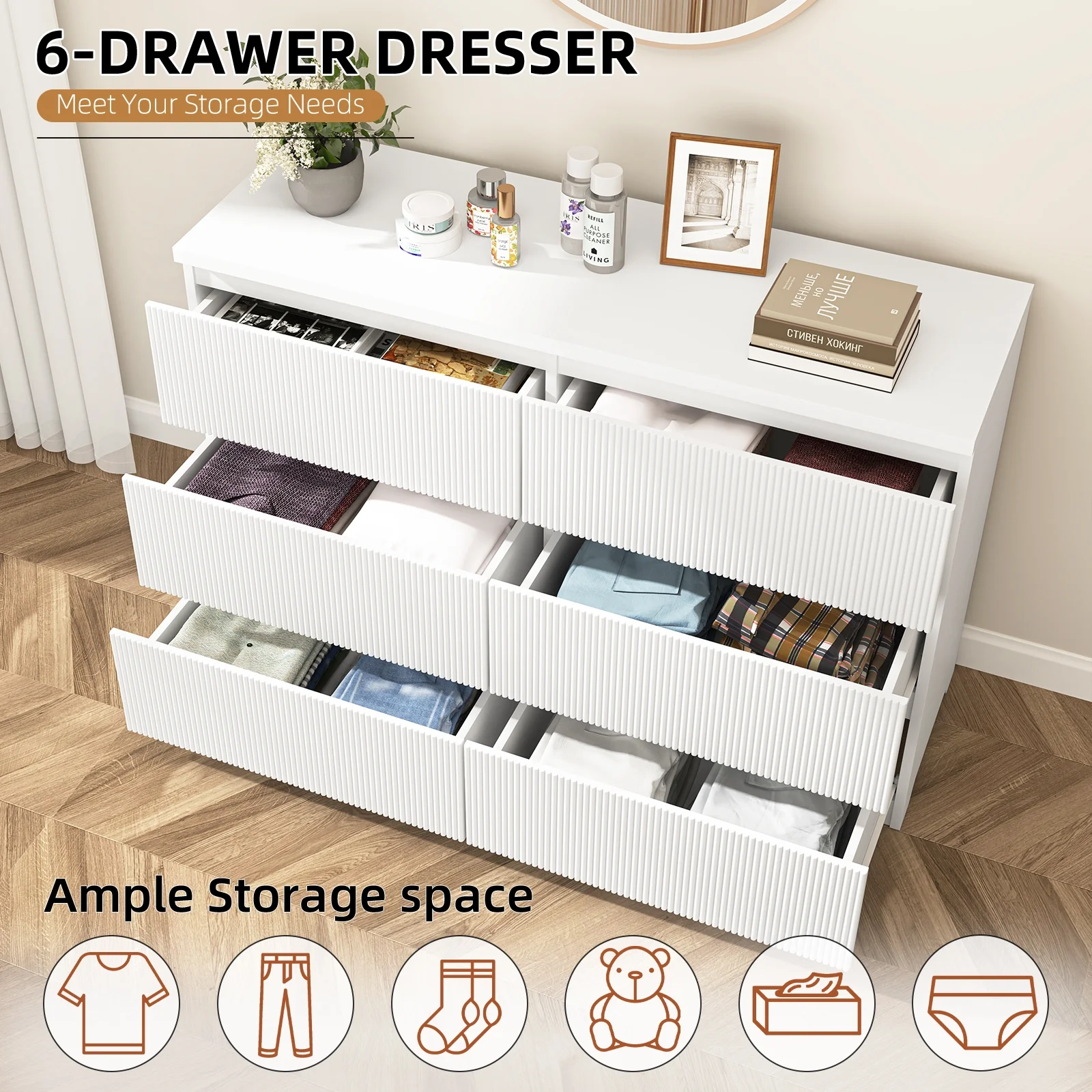 Fluted 6 Drawers Dresser, Wide Modern Chest of Drawers, Curved Profile Design, Dresser TV Stand, Wood Drawer Organizer for Bedroom, Living Room, Hallway - Image 8
