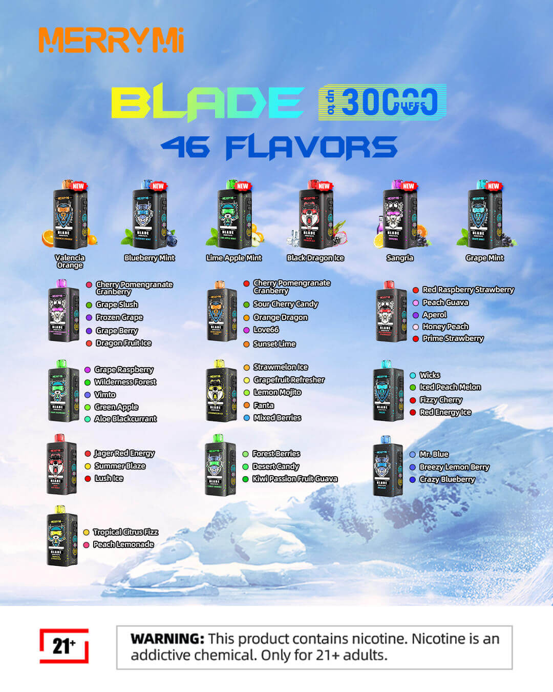 MerryMi Blade 30K ładowalny jednorazowy e-papieros (wszystkie smaki)