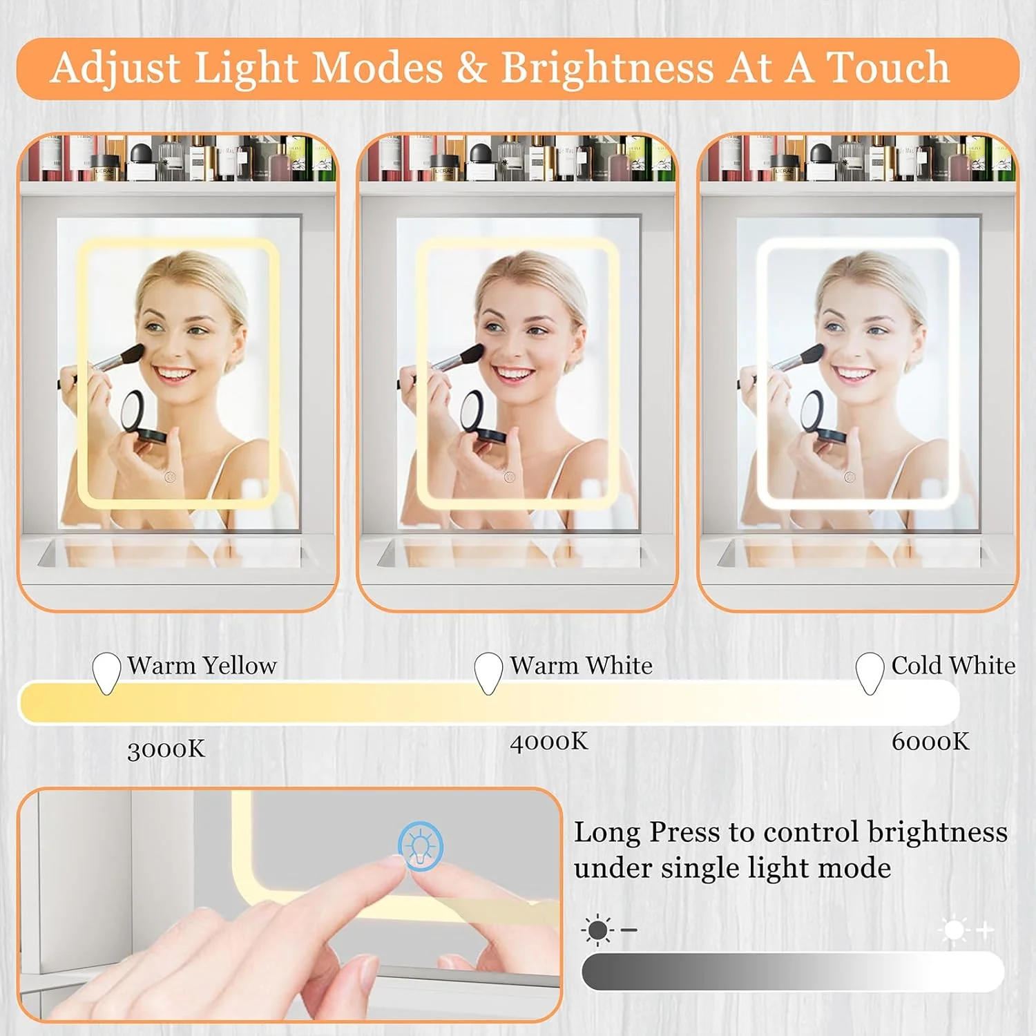 Montary Modern Mini Vanity w/Adjustable LED Mirror + Hidden Storage, Padded Stool & Dustproof Shelves (White) - Image 132
