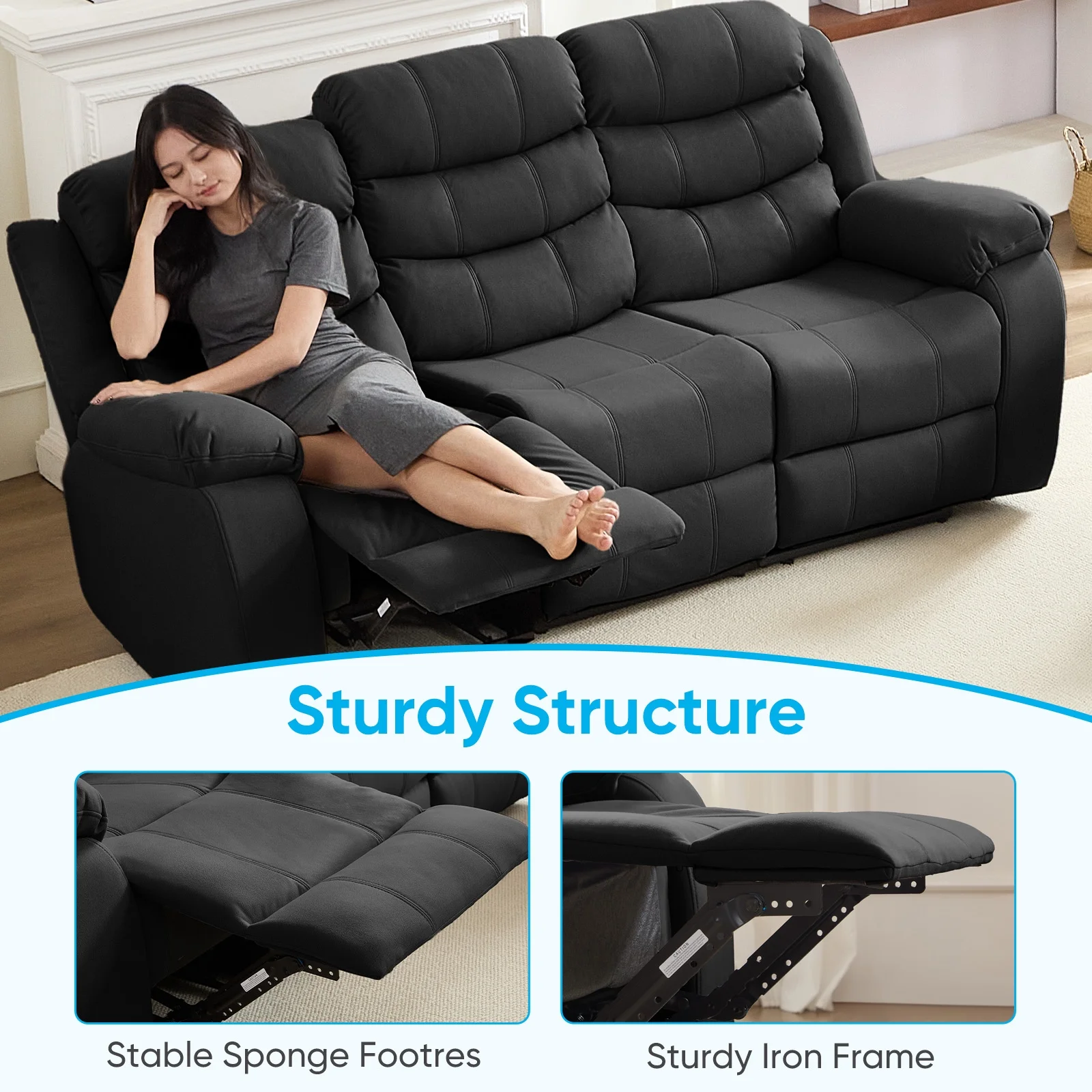 MUZZ Modern Reclining Sofa ,3-Seater Recliner Sofa with Cup Holders, Flip-Up Storage, Reversible Backrest and Footrest, Gray - Image 4