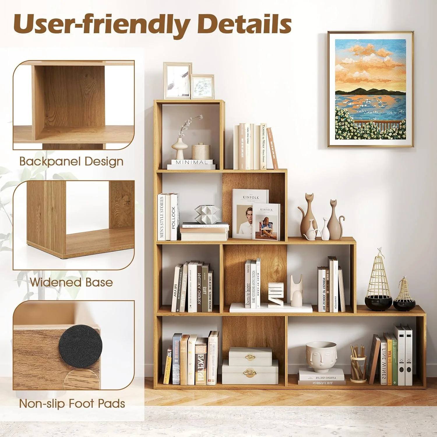 JTYUB 4-Tier Stepped Bookshelf, Freestanding 6 Cubes Ladder Bookcase with Anti-Tipping Kits, 64" Tall Modern Wooden Storage Display Rack for Home Office Living Room Study ,1 PCS,Natural - Image 10