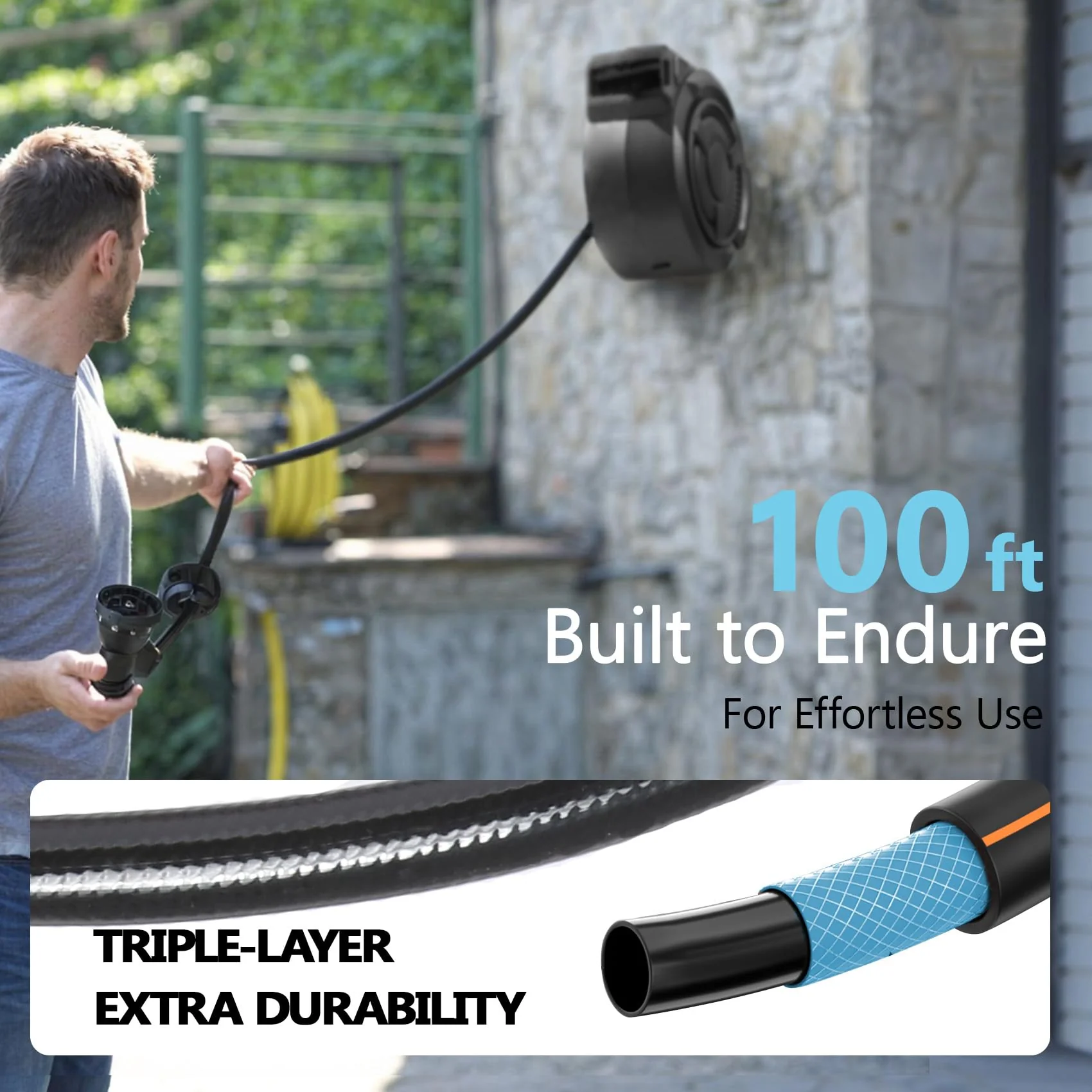 Wall-Mounted Retractable Garden Hose Reel With 100 ft 1/2 Inch Hose And 180 Degree Swivel - Image 5 Wall-Mounted Retractable Garden Hose Reel With 100 ft 1/2 Inch Hose And 180 Degree Swivel - Image 5
