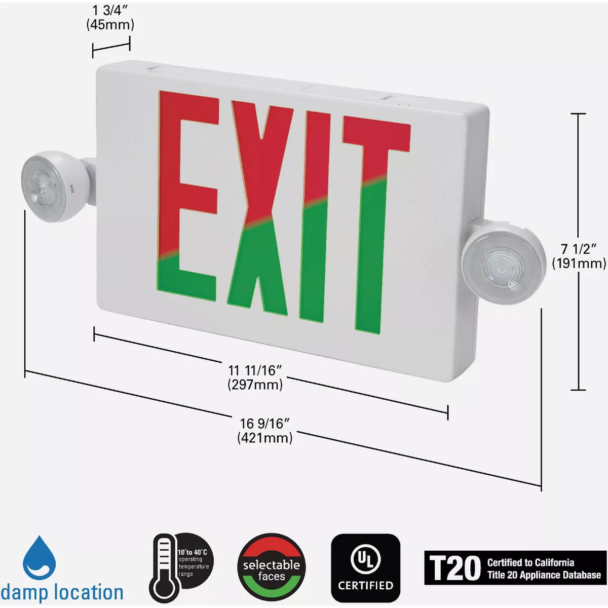 Sure-Lites Red/Green Selectable Lettering Polycarbonate LED Emergency Light & Exit Sign