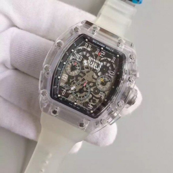 Replica Richard Mille RM011 Transparent Case White Bezel Skeleton Dial White Rubber Strap A7750 - Elite Watch Atelier