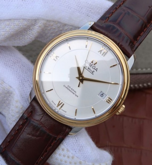 Replica Omega V6 De Ville 37mm YG Bezel White Dial YG Markers Leather Strap A2892 - Elite Watch Atelier