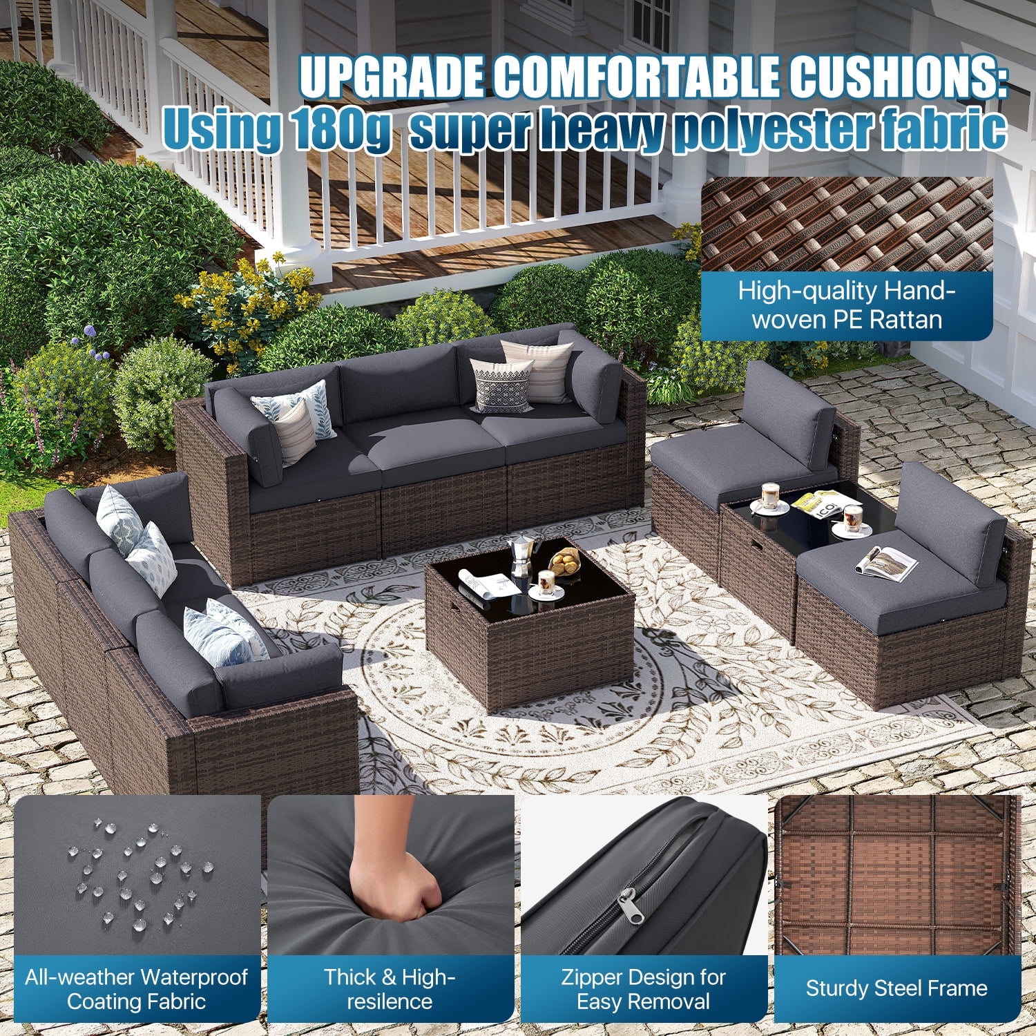 Sunmthink Patio Furniture Sets, 10-Piece Outdoor Patio Furniture with Thick Cushions, Wicker Outdoor Conversation Set and Waterproof Cover for Backyard, Poolside, Garden - Image 4