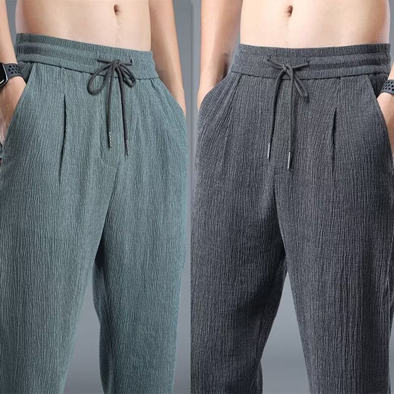 Men's Linen-Look Casual Pants 2024 New Summer Ice Silk Thin Long Pants Loose Straight Men's Air Conditioning Pants