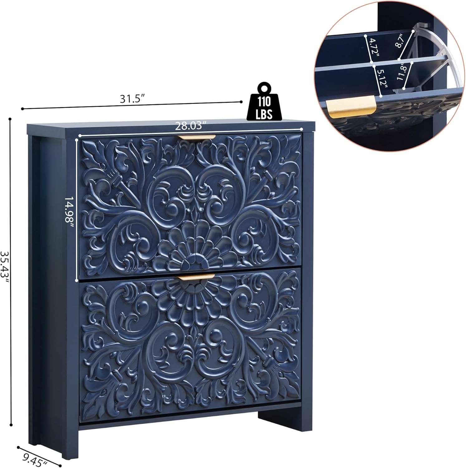 Shoe Cabinet with Flip Drawers, Narrow Shoe Storage Cabinet, 2-Tier Hidden Shoe Organizer with Carved Floral for Entryway, Mid-Century Modern Slim Shoes Storage for Hallway Foyer (1, Midnight Blue)