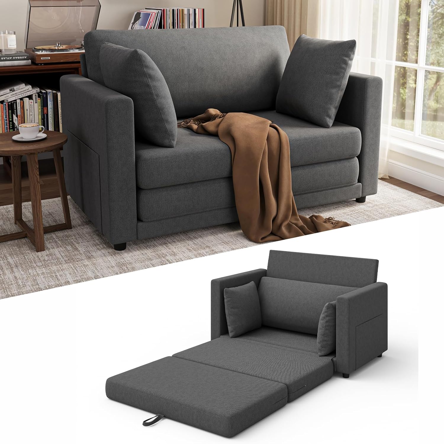 Loveseat Sofa Bed 51 in Folding Couch Bed for Small Space, 2 Persons Reading Chair & Kids Temporary Playing Bed Rest, Dark Gray