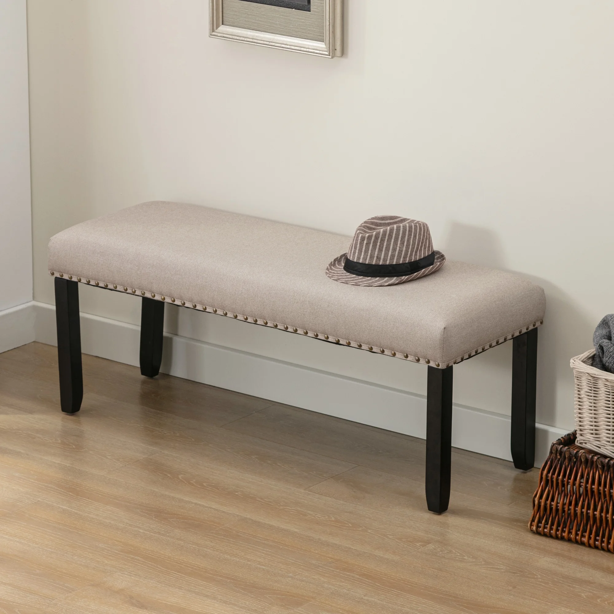 Duhome Upholstered Bench with Nailhead Trim, Entryway Bench Dining Bench Footstool Bedroom Bench with Wood Legs, Linen Beige