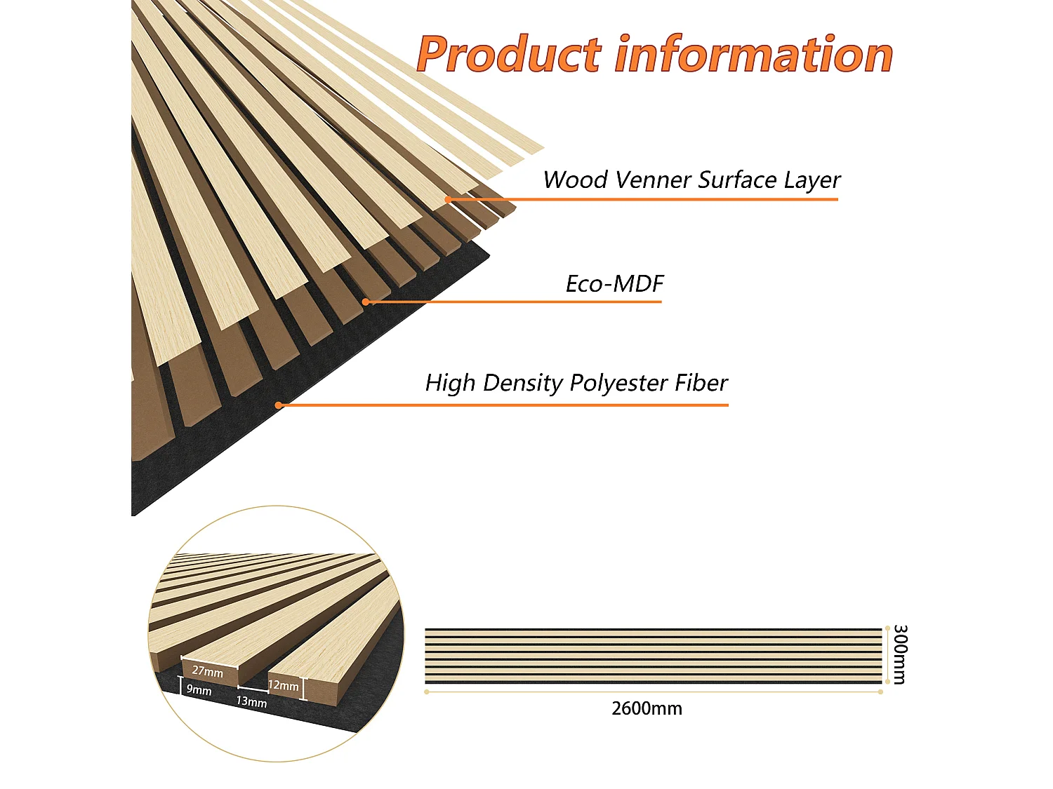 Lot de 3 Panneaux Muraux Décoratifs Acoustiques Bois MDF 260x30cm Chêne noi  AntiBruit, Facile à Poser