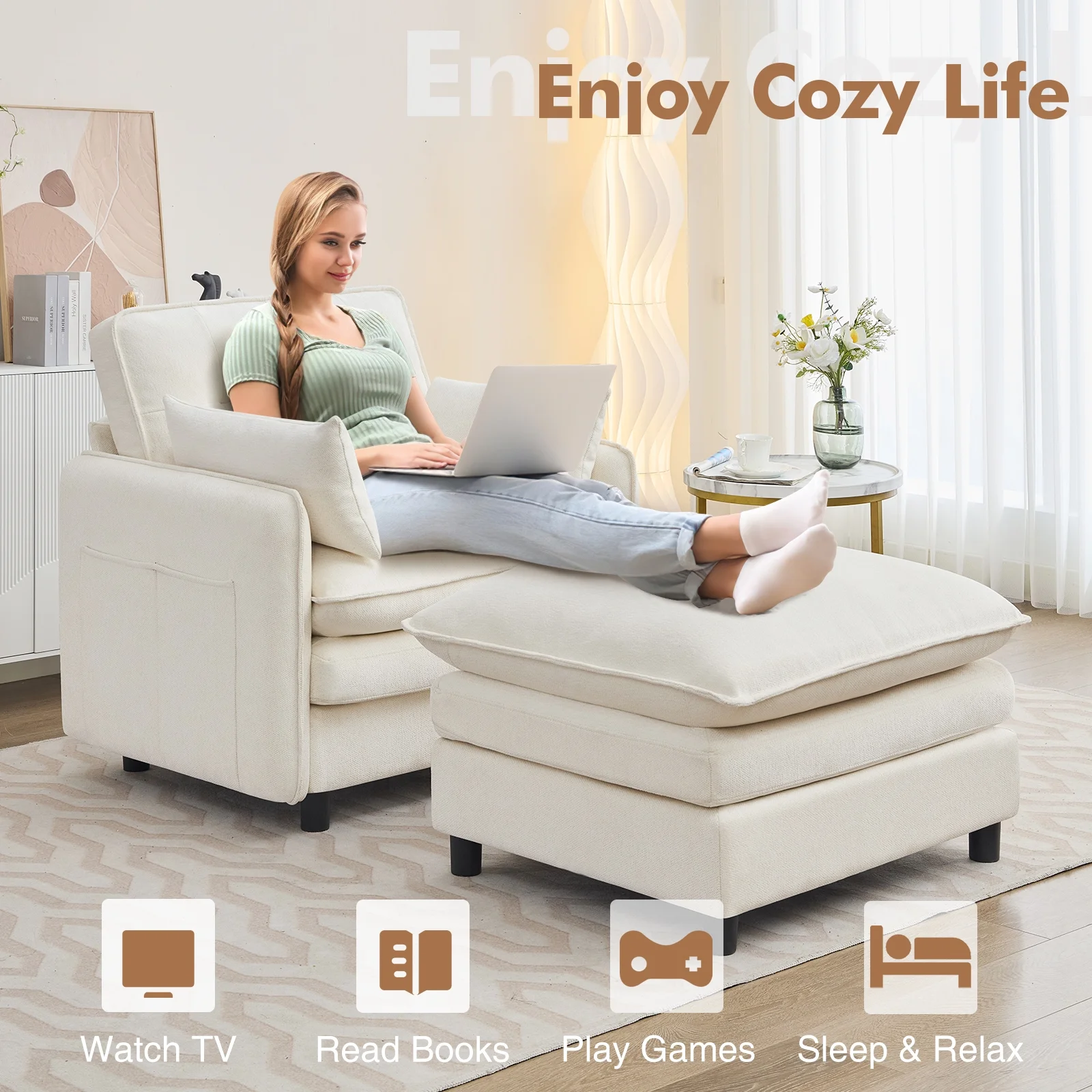 Aemeios Upholstered Chenille OversizedAccent Armchairs with Ottoman and Side Pocket, Cream - Image 2