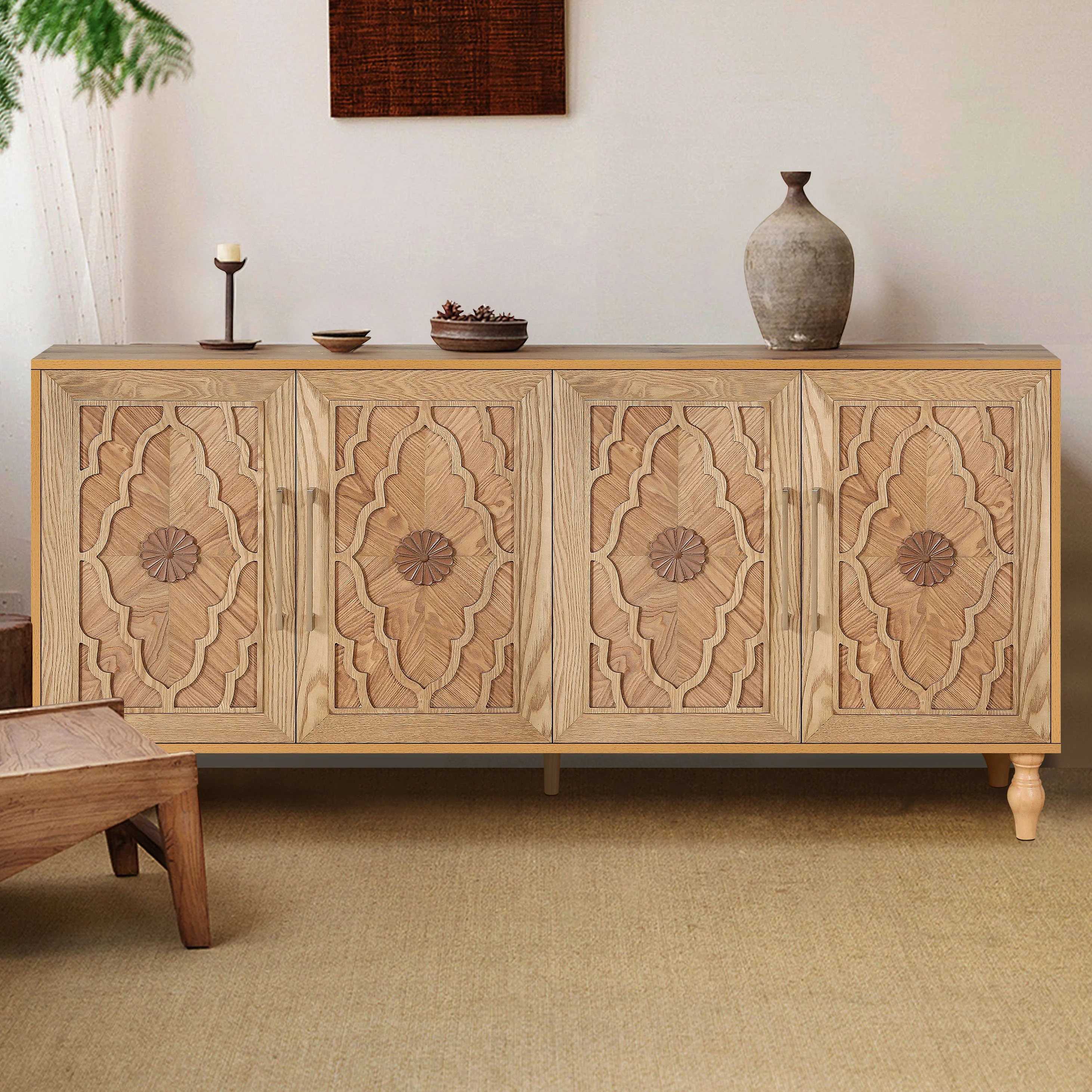 Aukfa 63" Large Accent Storage Cabinet TV Stand with Carved Door for Living Room,Entryway,Natural - Image 8