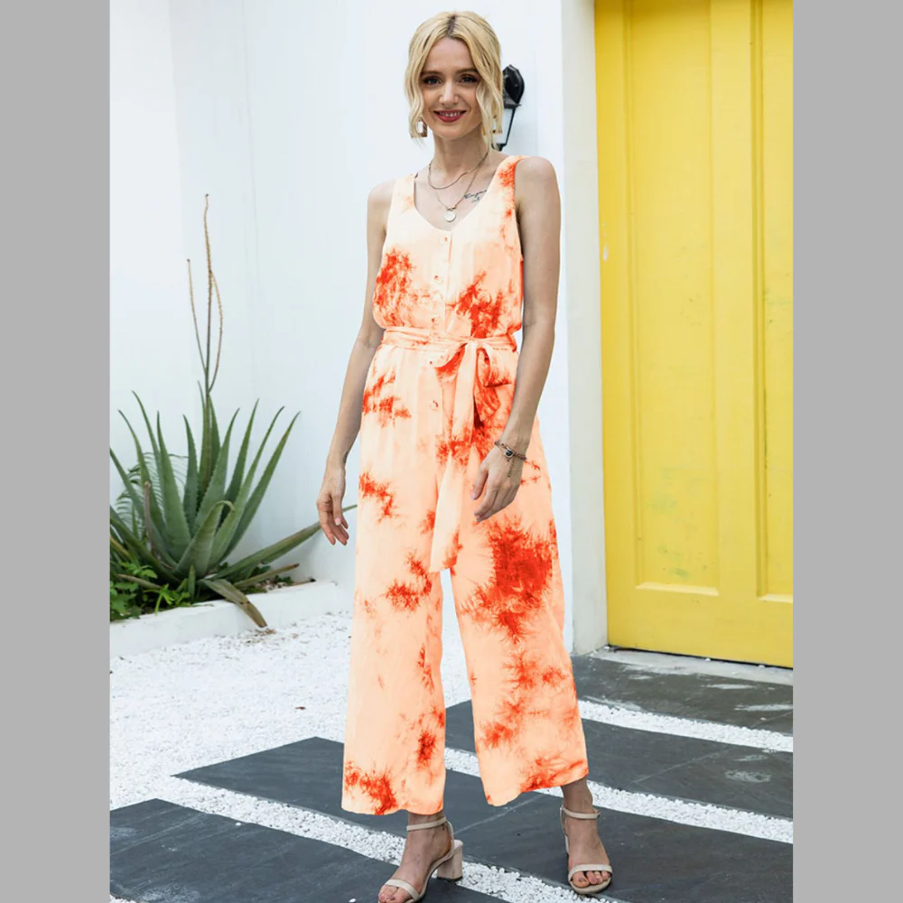 Ivy Lane Tie-Dye Tie Waist Sleeveless Jumpsuit - ZKZOOK