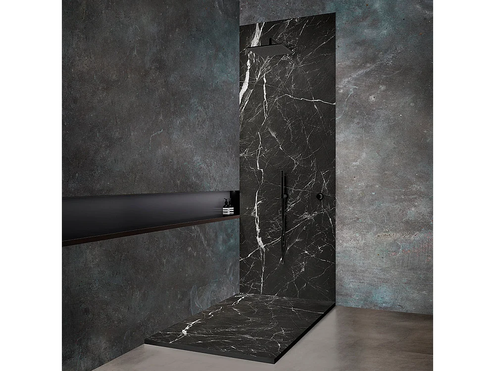 Panneau mural de douche résine effet marbre noir 250x100 cm Natte d'étanchéité périférique intégrée
