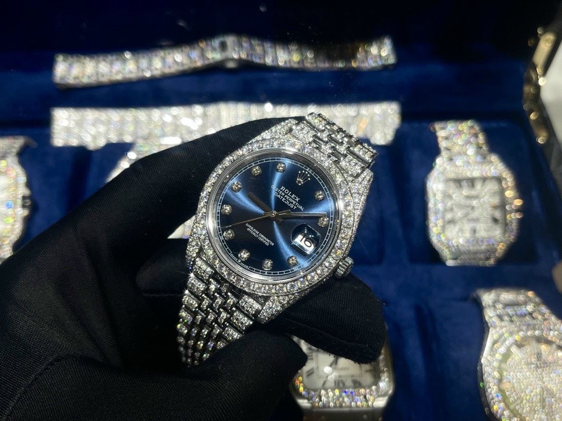 Rolex Best Replica Watch DateJust Dial Blue Custom Full Diamonds Moissanite 41mm - Elite Watch Atelier