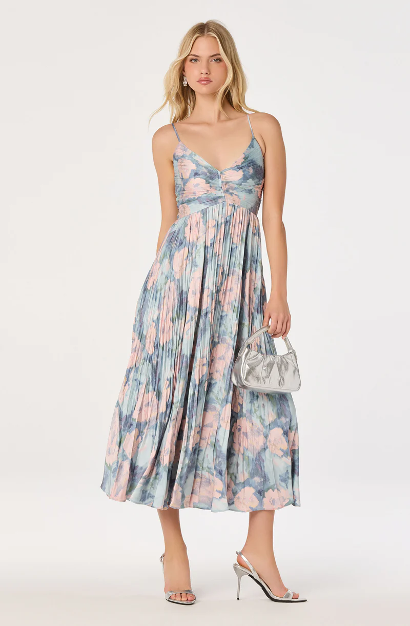 Maeve Floral Pleated Satin Midi Dress-Blue