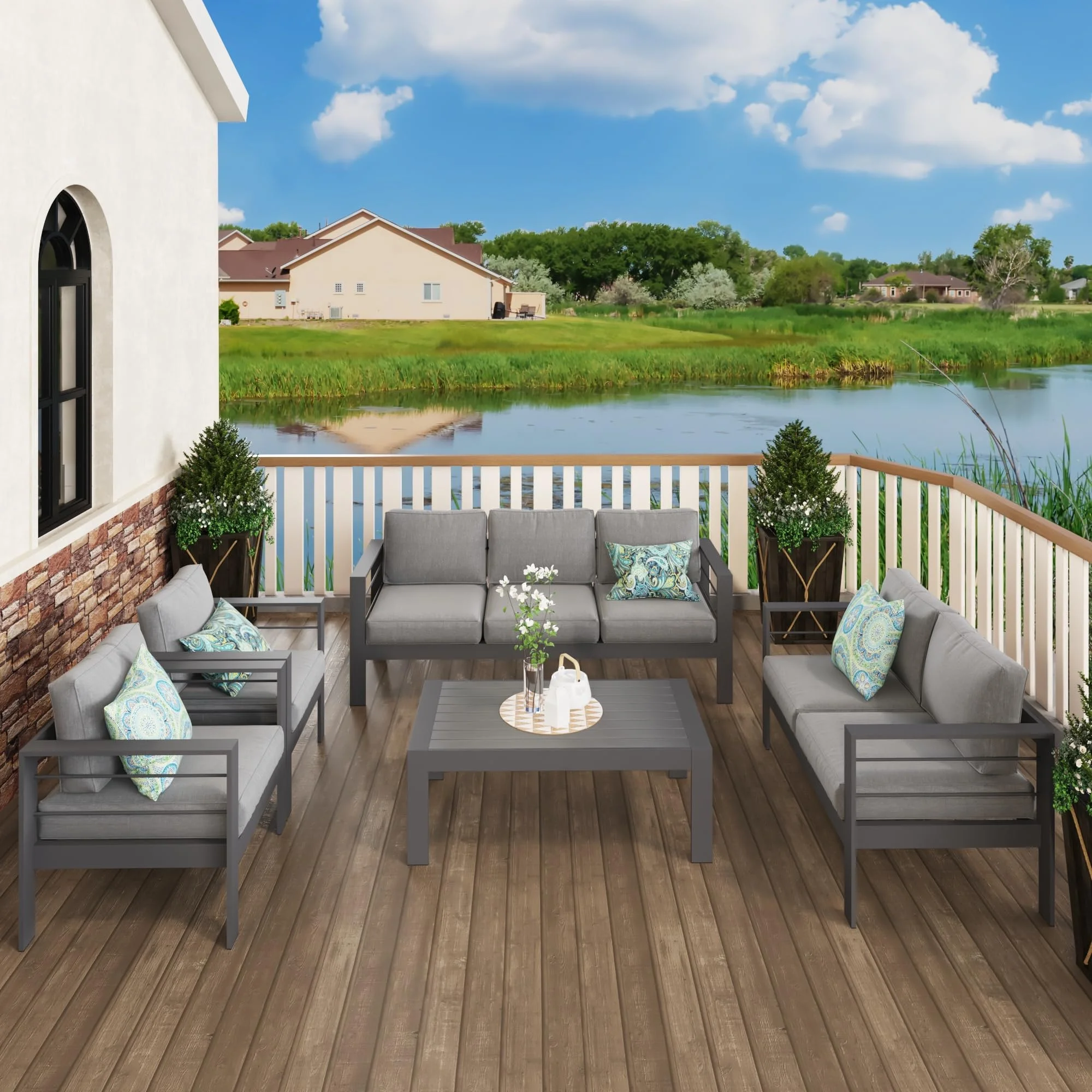 CozyHom 5 Pcs Outdoor Patio Aluminum Furniture Sofa Sets, Outside Patio Conversation Couch Sets With Table&Cushions for Garden Porch, Gray - Image 56