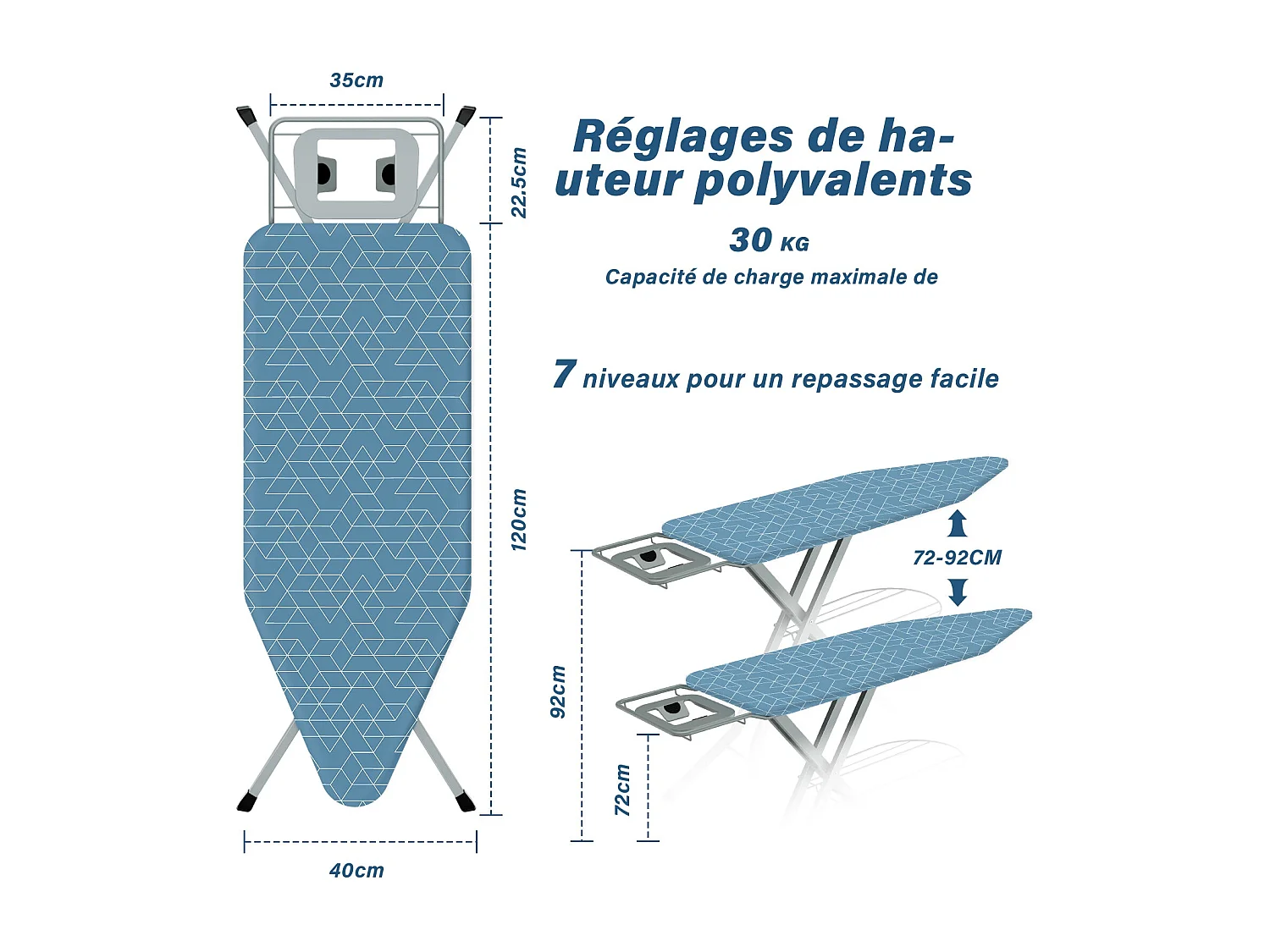 Table à repasser 120 x 45 cm, pliable, système anti-pincement, réglable en hauteur, avec housse 100