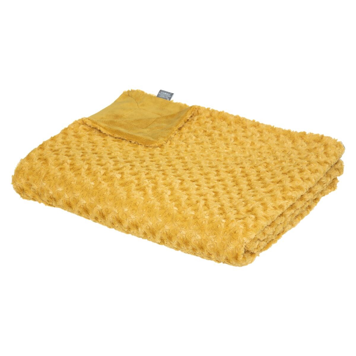 Faux fur plaid "Bouclette" Mustard yellow, 180x230 cm