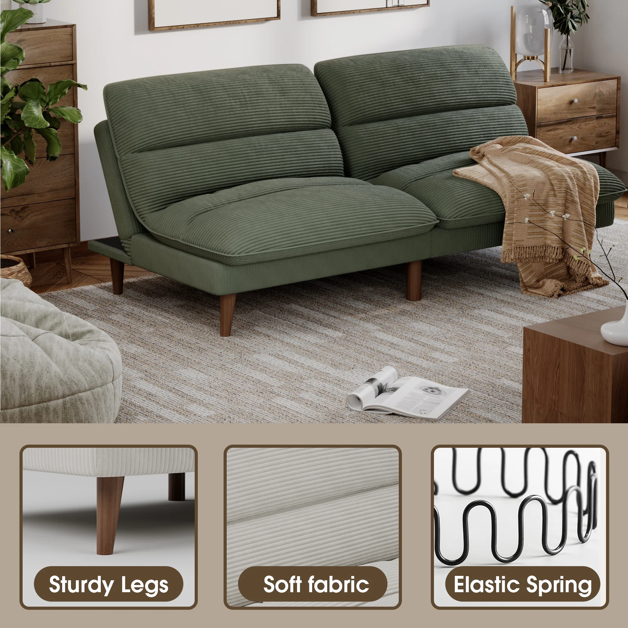 Homall Futon sofa, Two Seat Adjustable Sofa, Corduroy Fabric, Upholstered Sofa, Sofa Changeable into Bed, Leisure Reading and Games, Green - Image 10