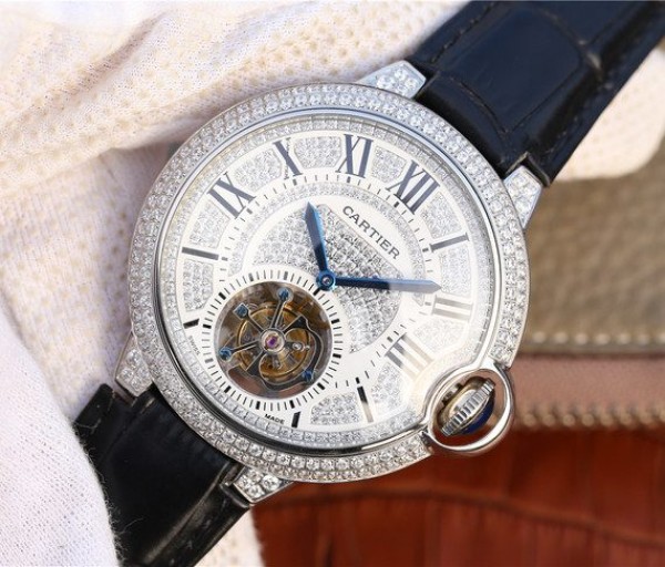 Replica Cartier Ballon Bleu de Cartier Tourbillon SS Full paved Diamonds Leather Strap - Elite Watch Atelier