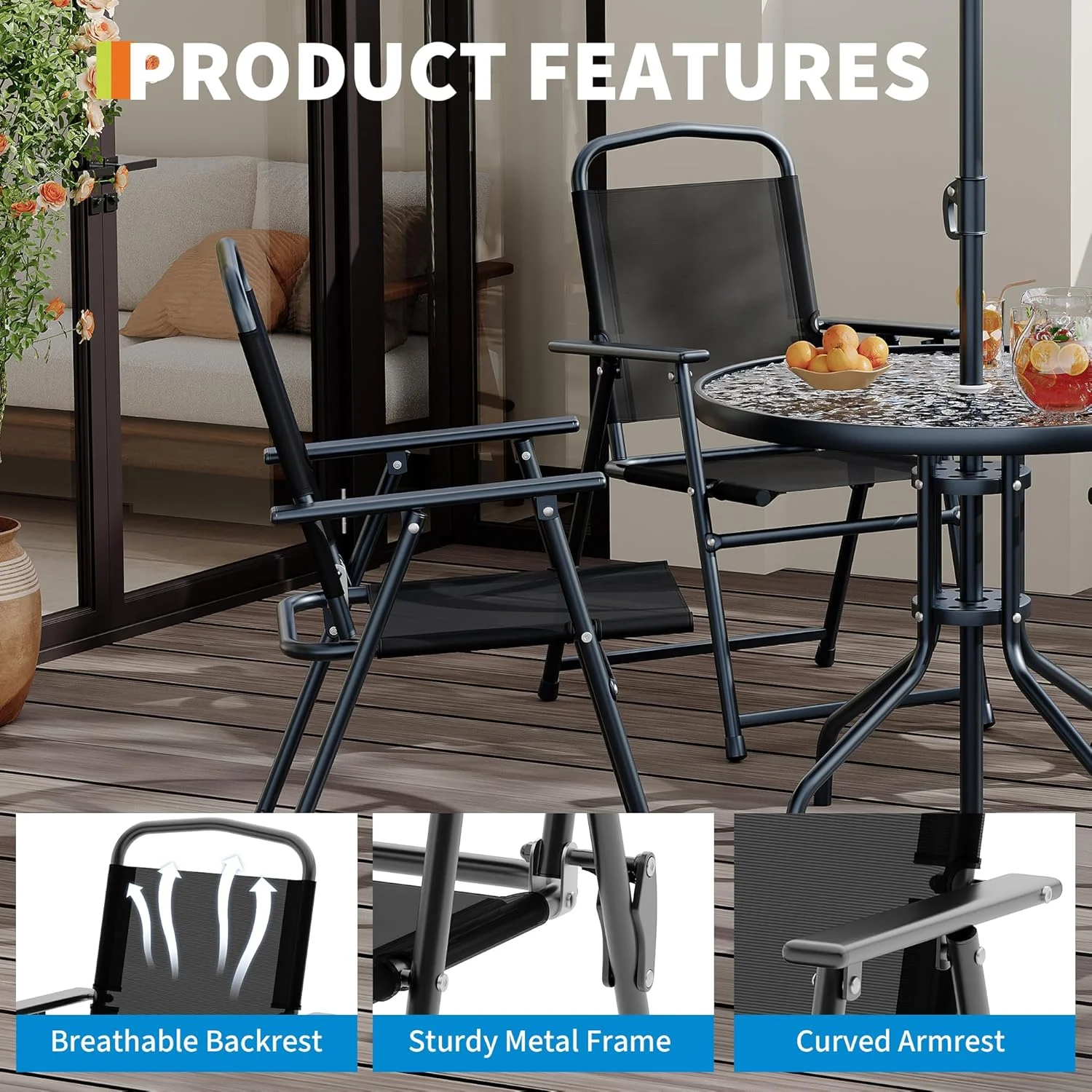 6 Pieces Outdoor Dining Set With Umbrella, Patio Table and 4 Folding Chairs With Umbrella, Garden Patio Furniture Set With Umbrellas, Tempered Glass Top Dining Table - Image 6