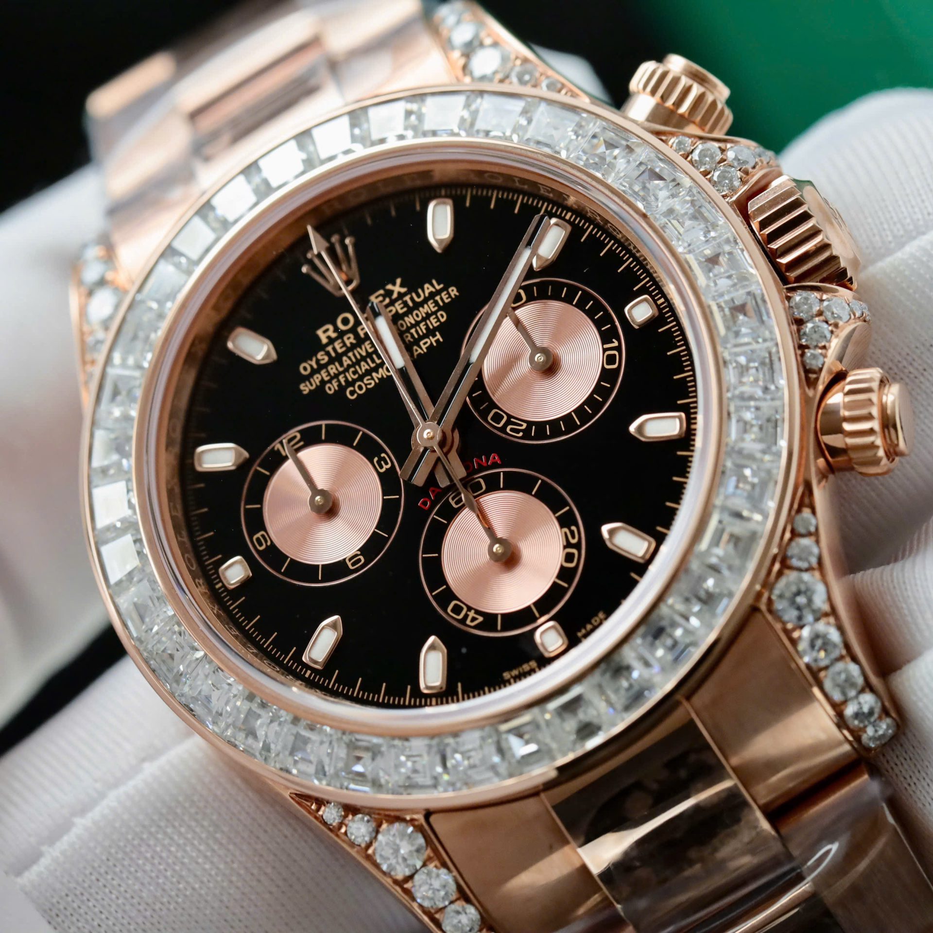 Rolex Daytona Dial Black Copies Watches Gold Wrapped + Diamonds Moissanite Baguette 40mm - Elite Watch Atelier
