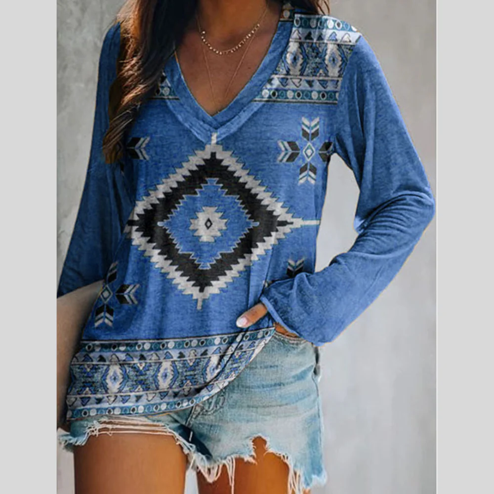 Full Size Geometric V-Neck Long Sleeve T-Shirt Plus Size - ZKZOOK