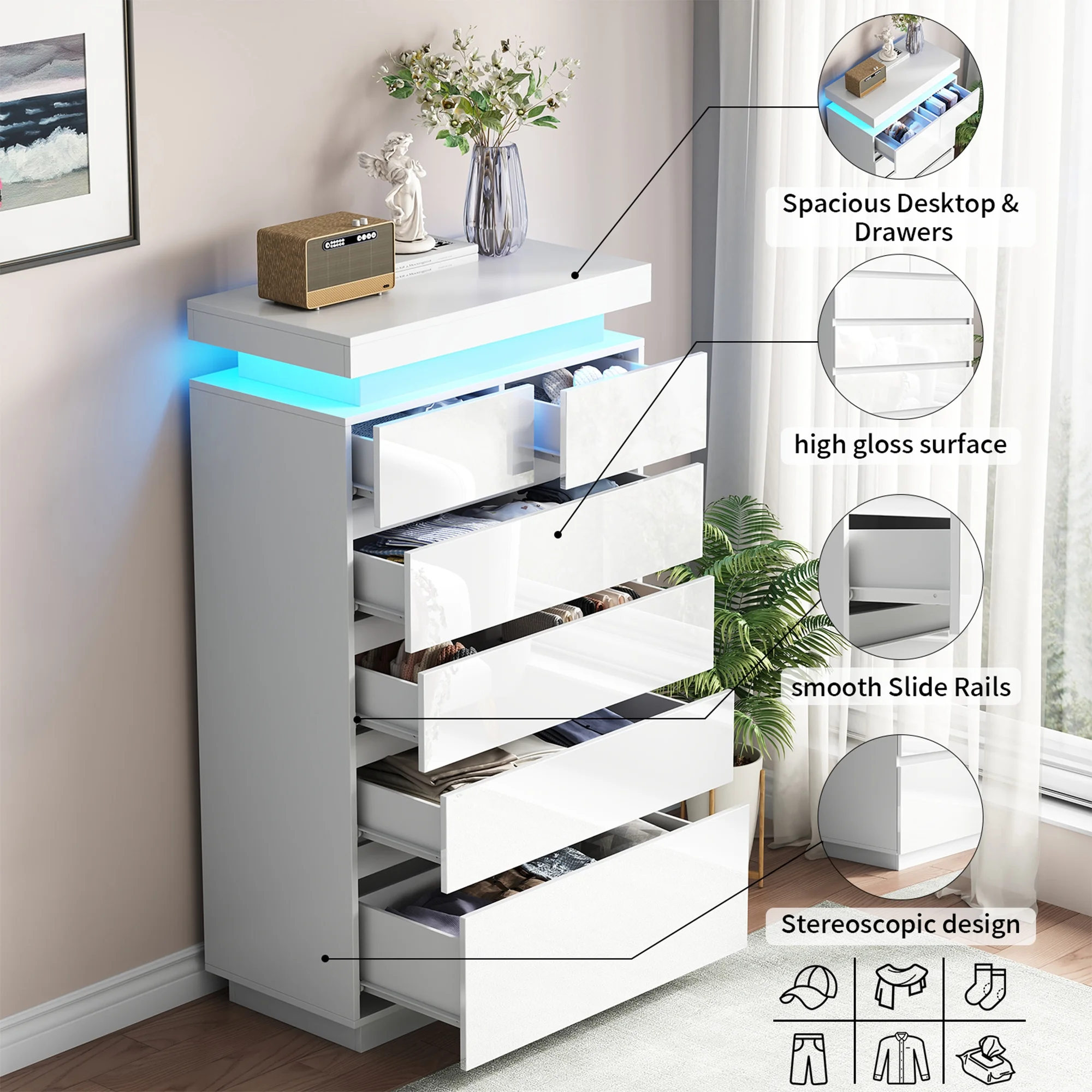 NEGYLIM 6 Drawer White Dresser, High Gloss Dresser with LED Light for Bedroom, Living Room, Hallway, Easy Assembly - Image 5