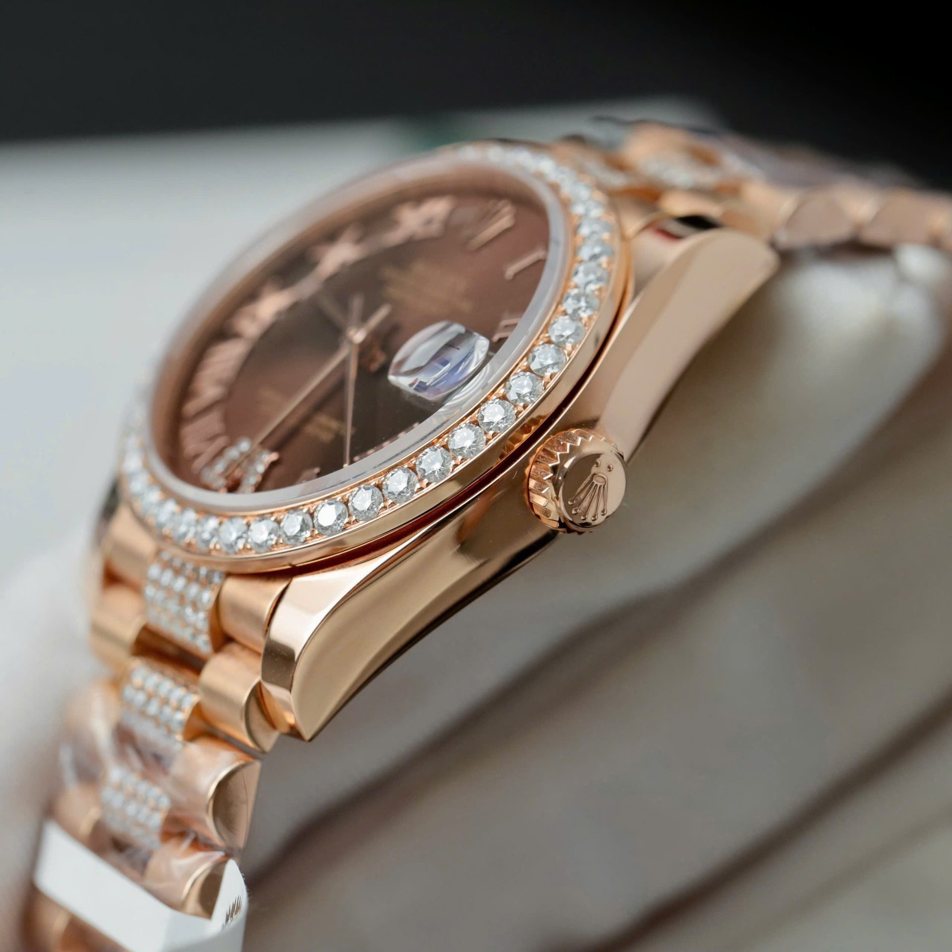 Rolex DateJust Women Dial Chocolate Copies Watches Custom Moissanite Diamonds + 18K Gold Wrapped 31mm - Elite Watch Atelier